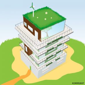 Schéma d'une toiture végétalisée d'un immeuble avec une éolienne